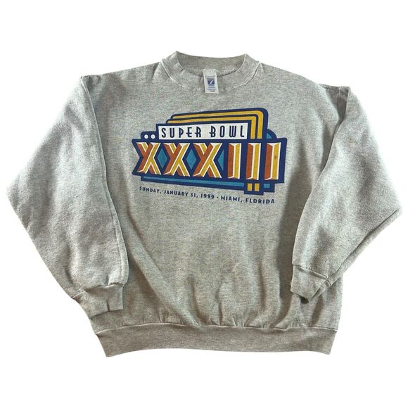 Vintage Super Bowl XXXIII Logo 7 Crewneck Men’s Large 1999 Gray Pullover NFL USA - Picture 1 of 13